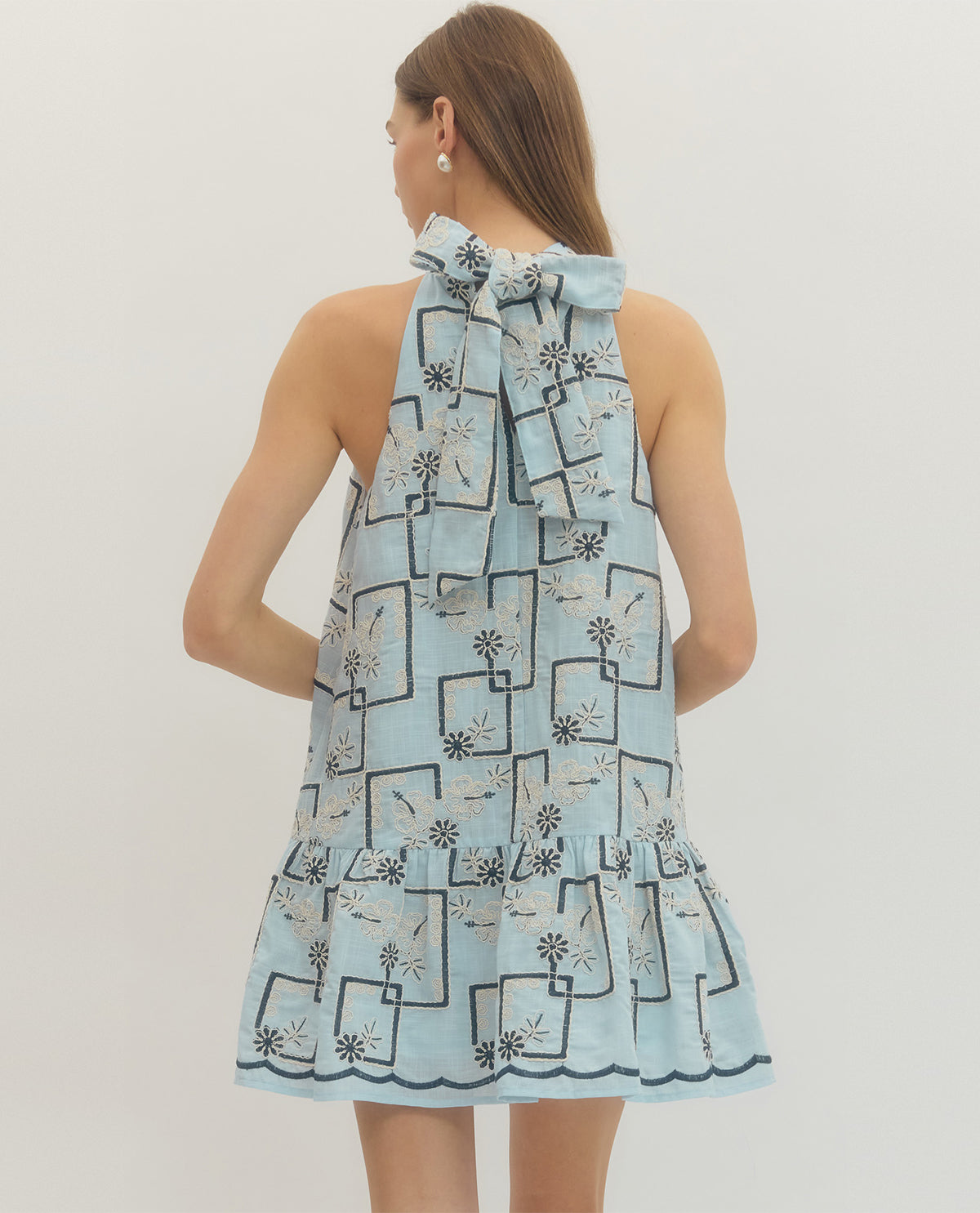 Entro Geometric Floral Halter Dress Blue