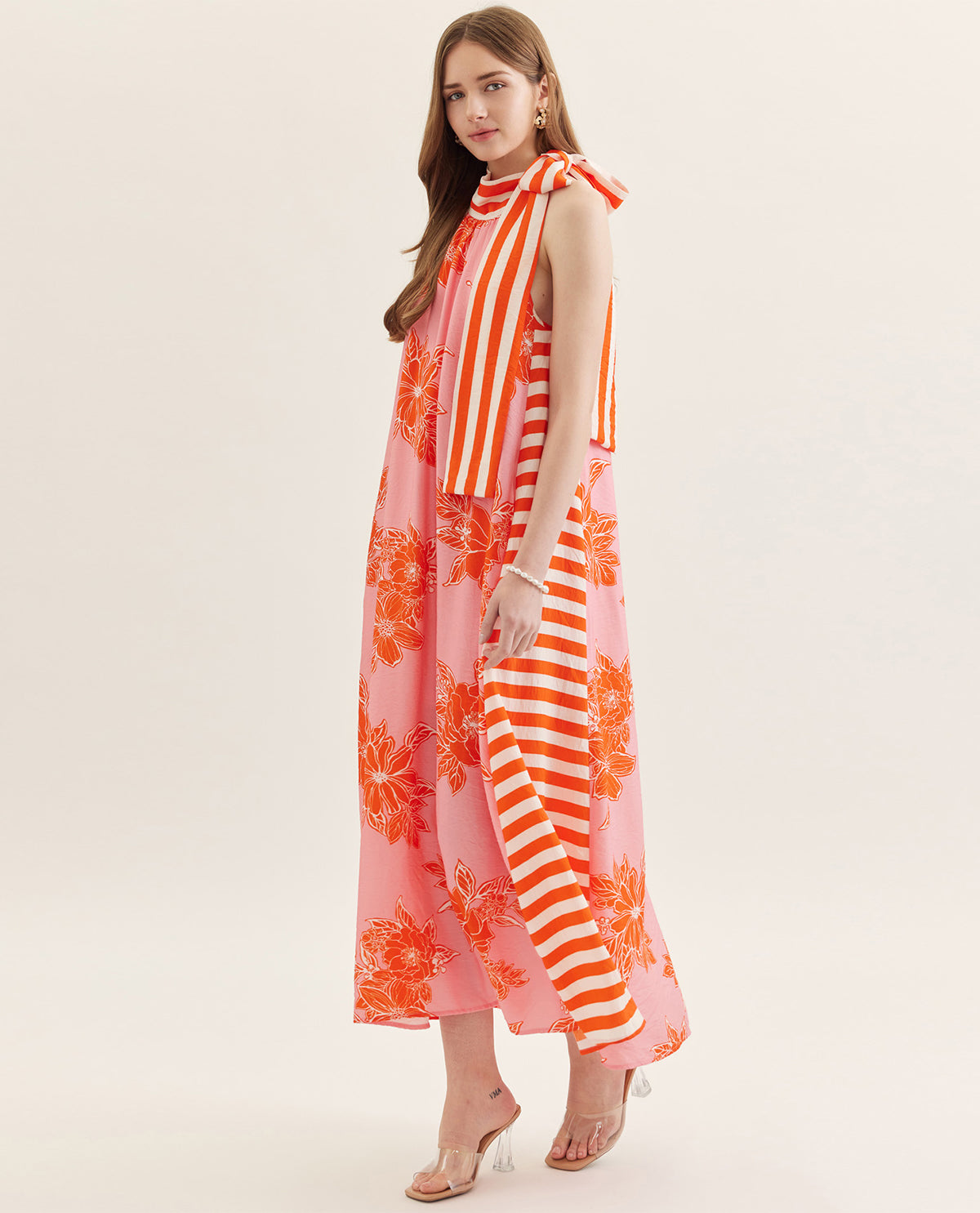 Entro Bontanical Print Halter Dress With Stripe Trim