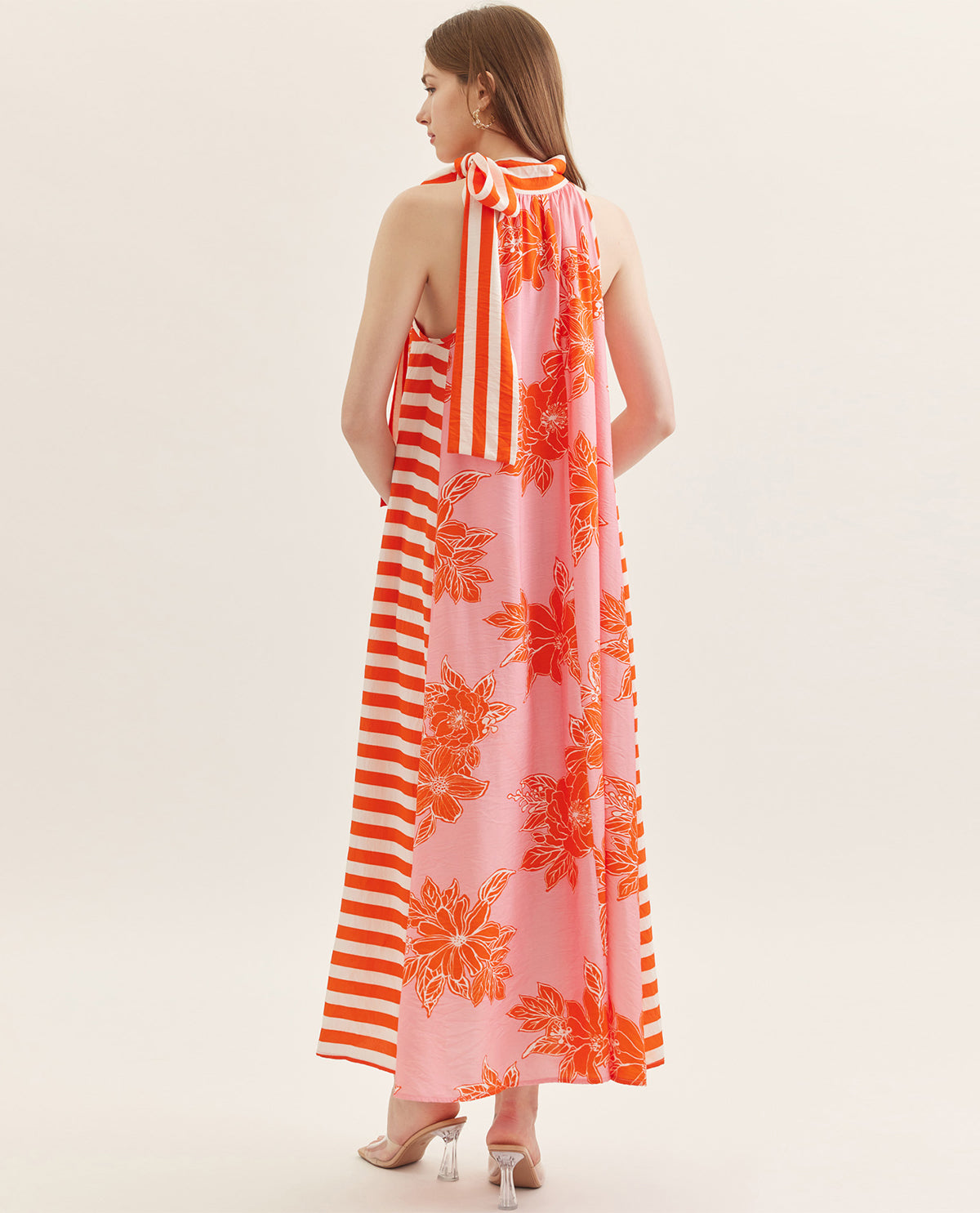 Entro Bontanical Print Halter Dress With Stripe Trim