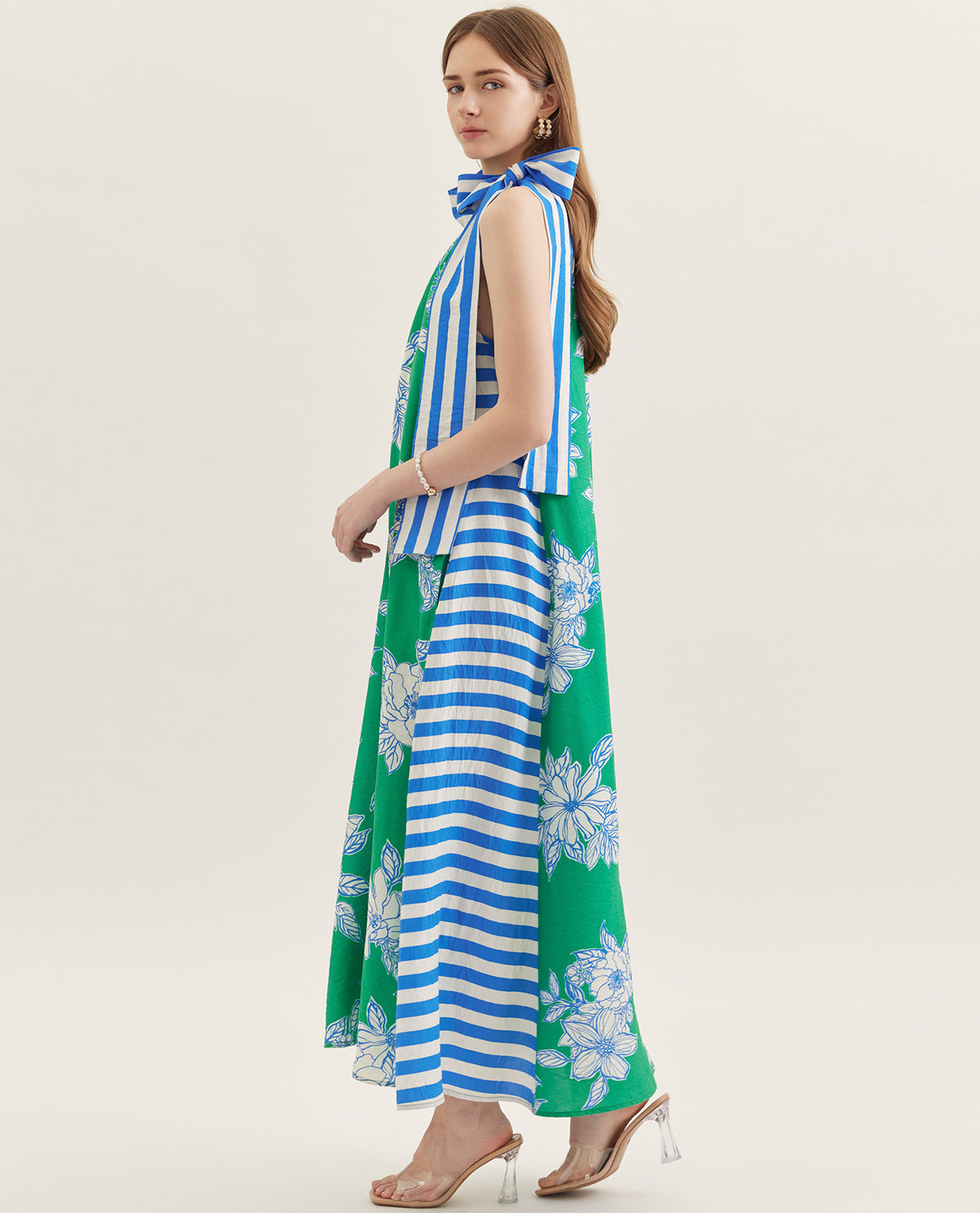 Entro Bontanical Print Halter Dress With Stripe Trim
