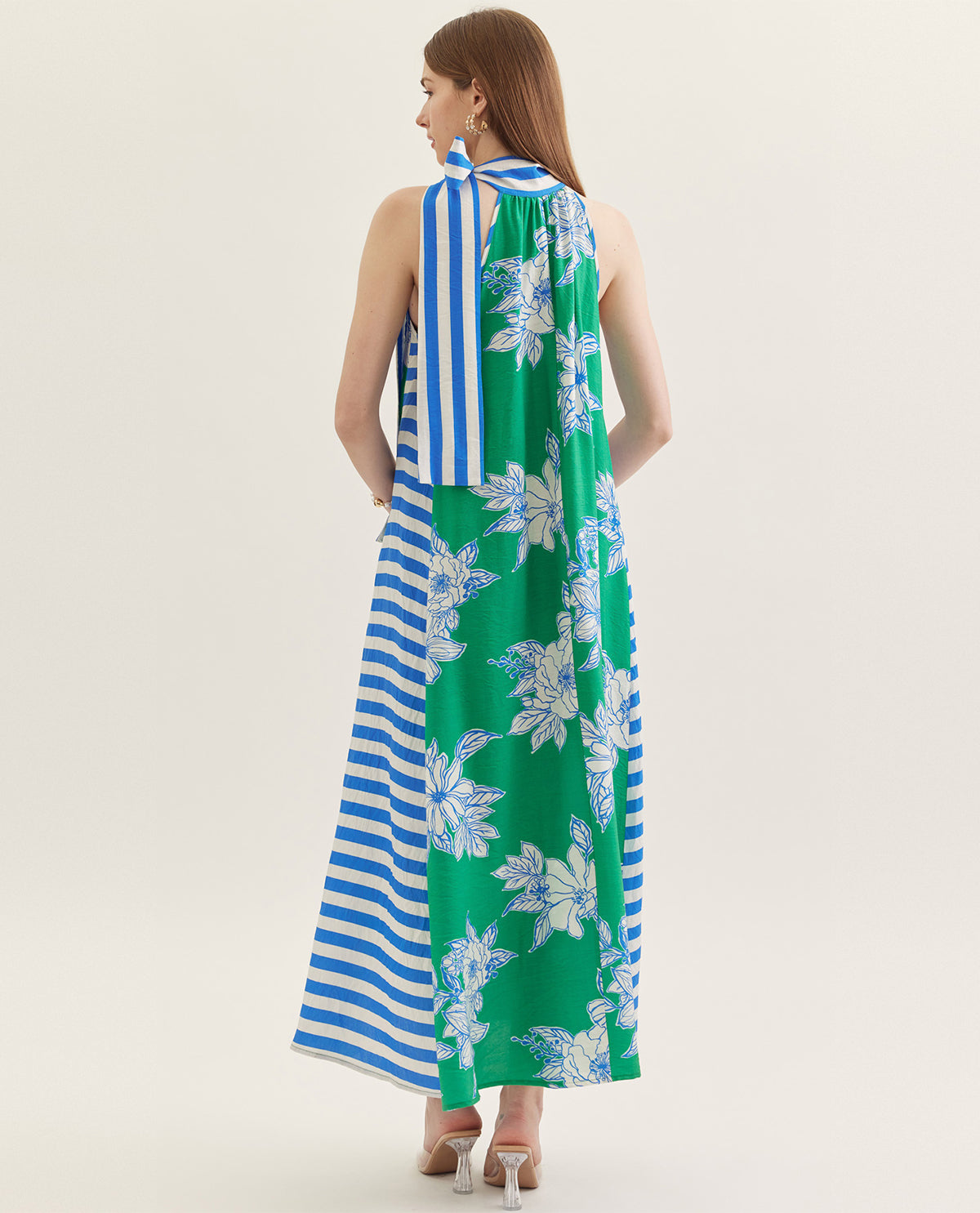 Entro Bontanical Print Halter Dress With Stripe Trim