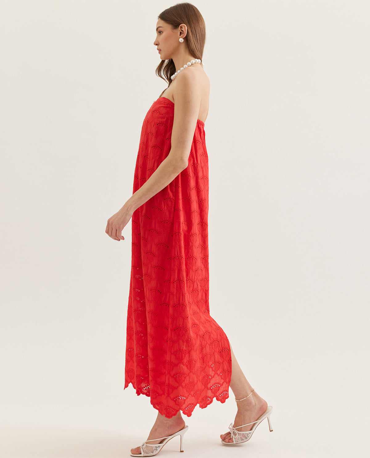 Entro Strapless Eyelet Scallop Hem Dress Red