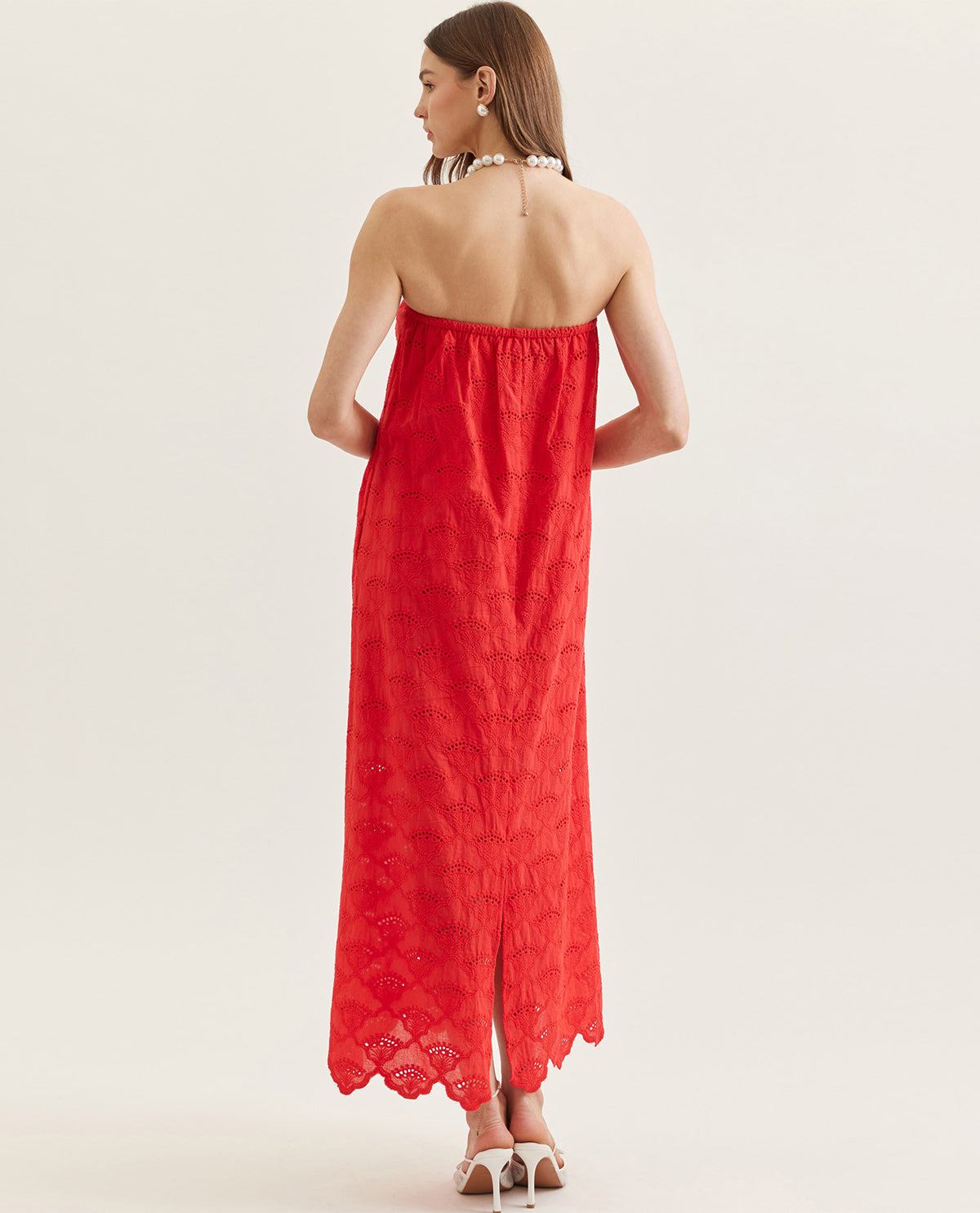 Entro Strapless Eyelet Scallop Hem Dress Red
