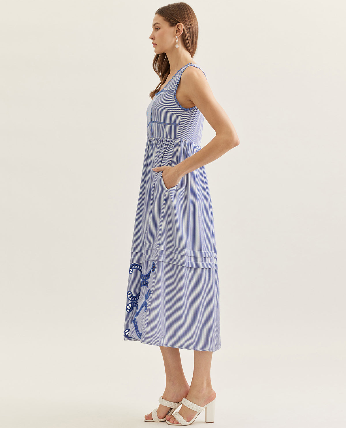 Entro Square Neck Striped Dress Navy