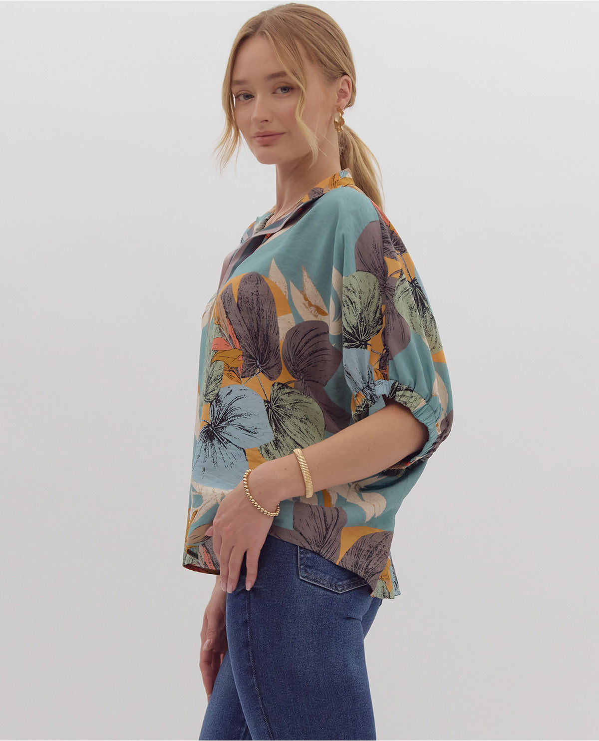 Drop Shoulder Floral Print Collared Top