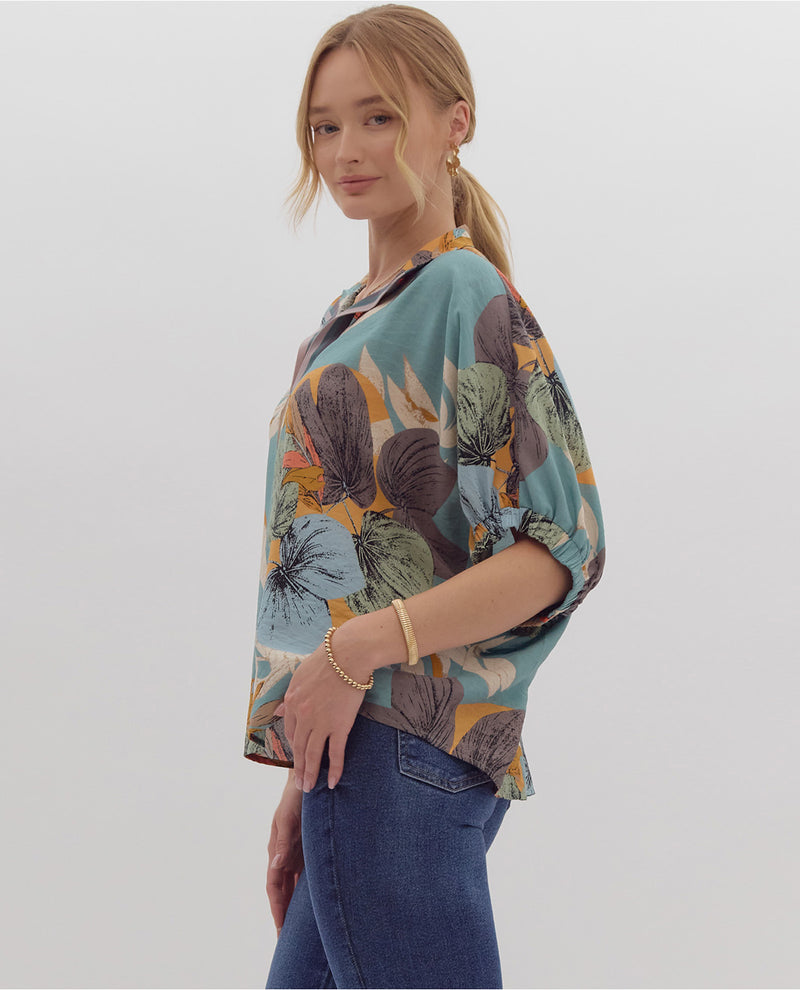 Drop Shoulder Floral Print Collared Top