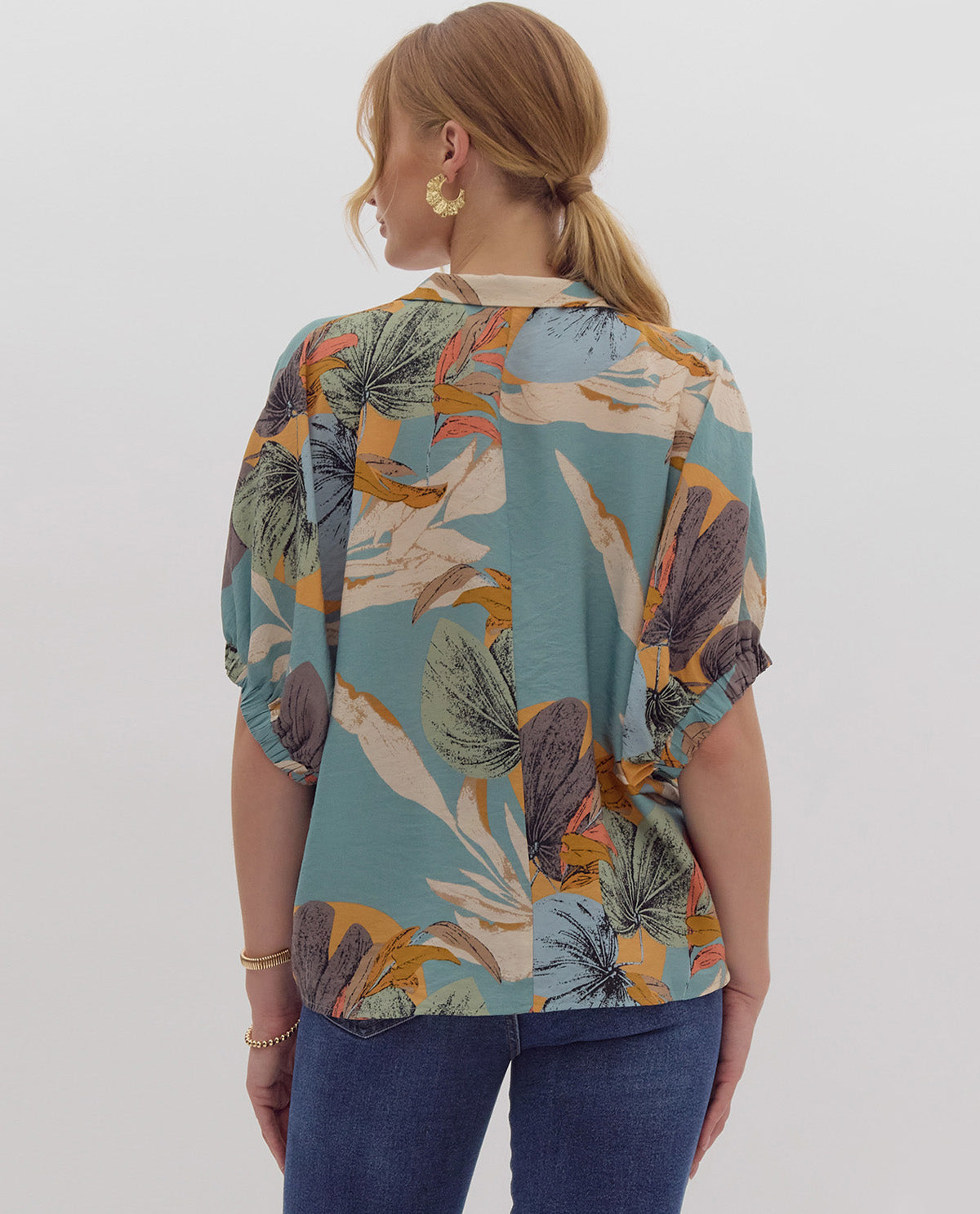 Drop Shoulder Floral Print Collared Top