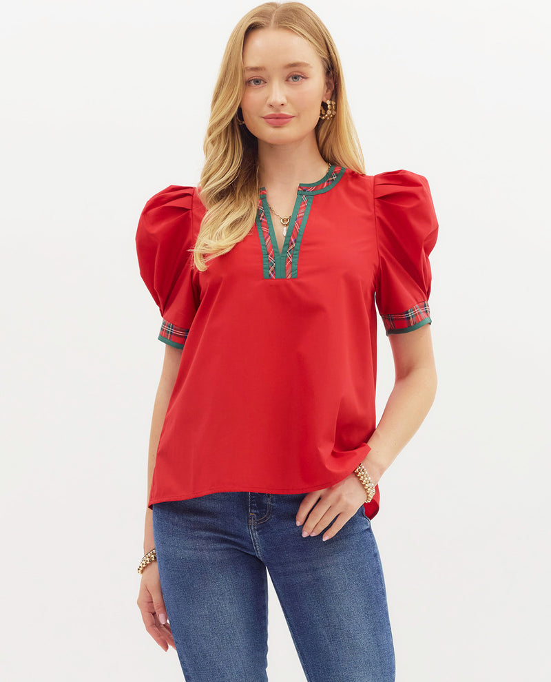 Solid Ruffle Sleeve Top with Plaid Trim