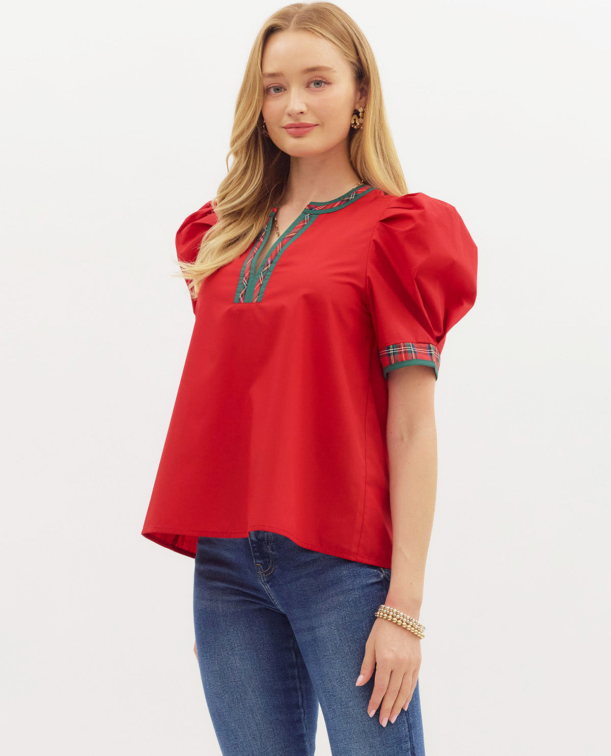 Solid Ruffle Sleeve Top with Plaid Trim