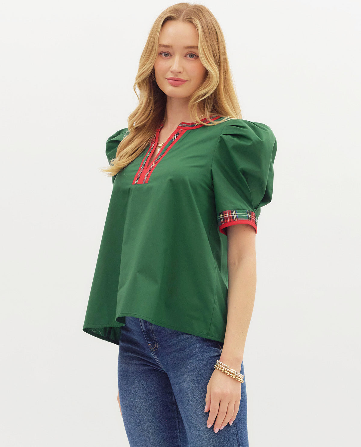 Solid Ruffle Sleeve Top with Plaid Trim