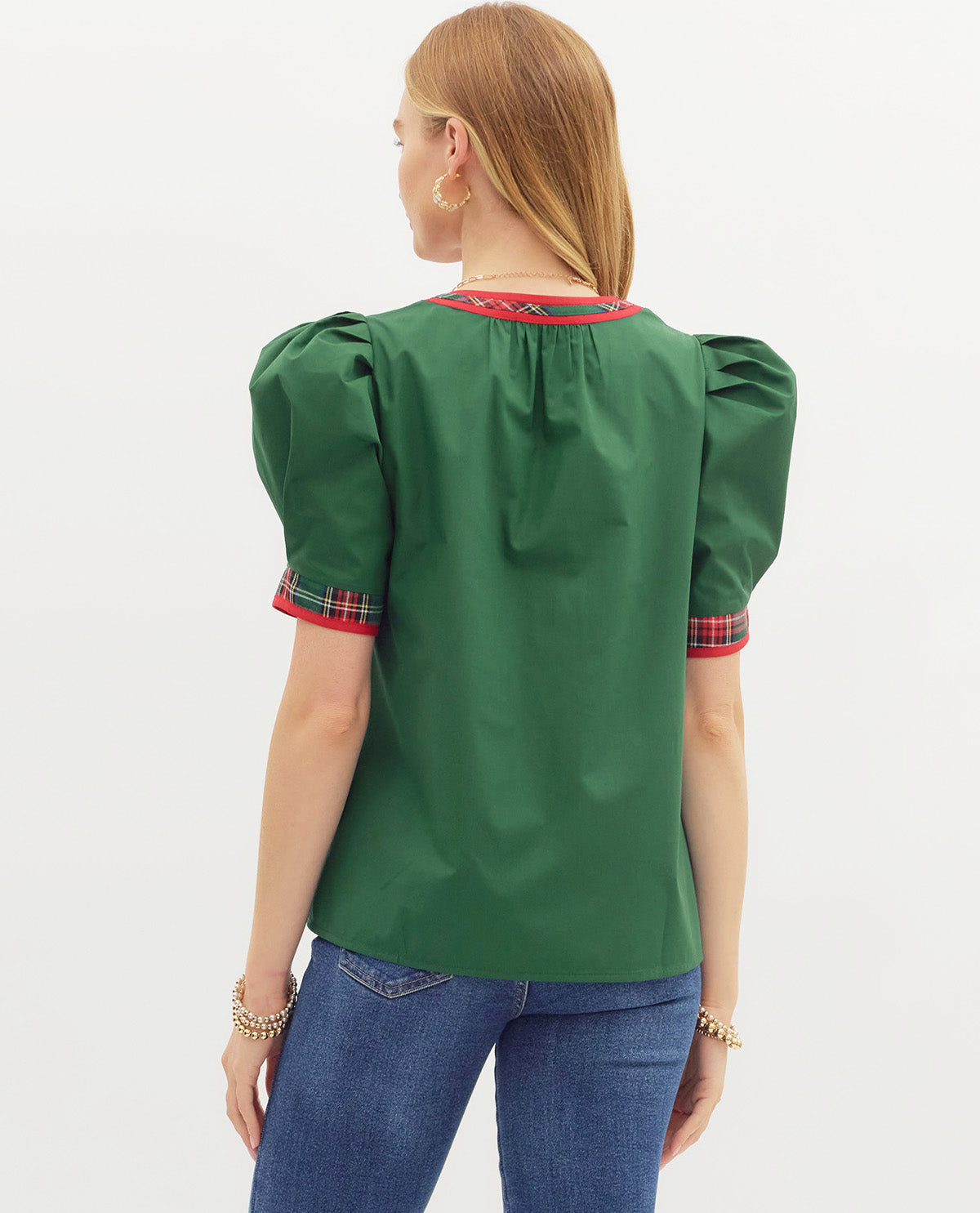 Solid Ruffle Sleeve Top with Plaid Trim