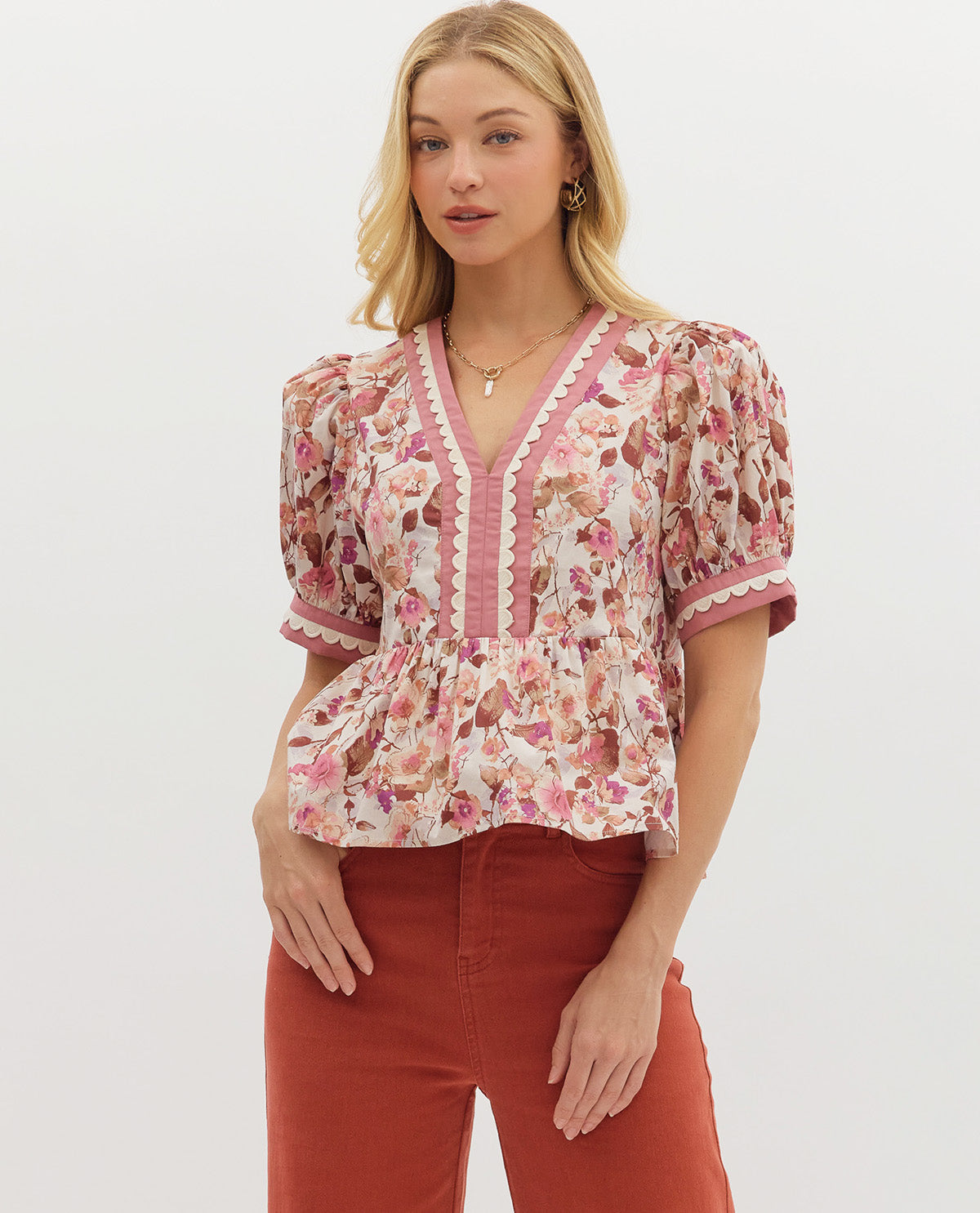 Entro Print Peplum Shirt with Ric Rack Ecru