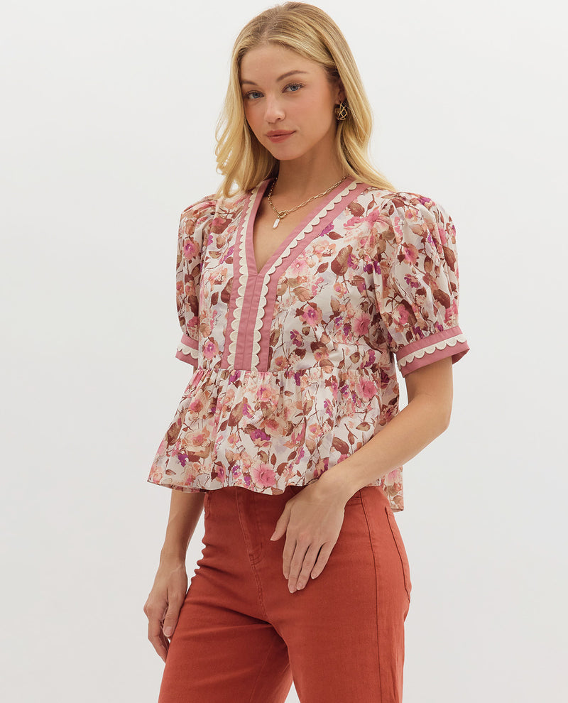 Entro Print Peplum Shirt with Ric Rack Ecru