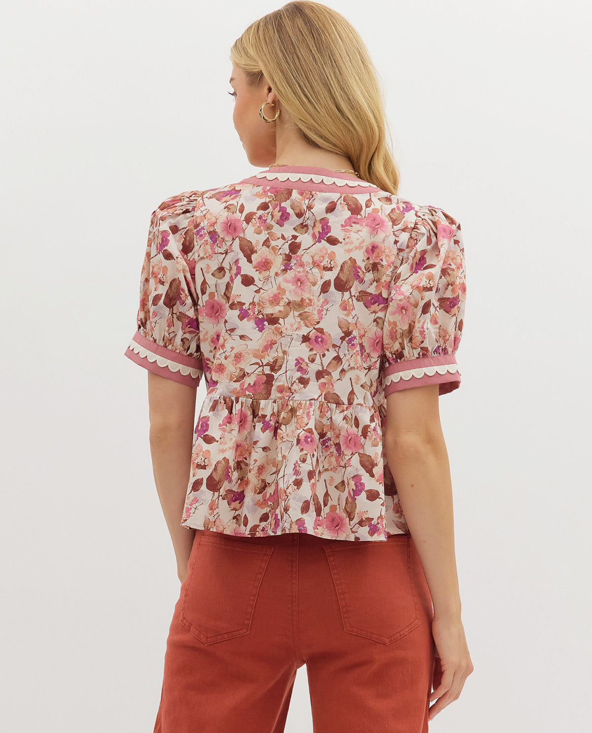 Entro Print Peplum Shirt with Ric Rack Ecru