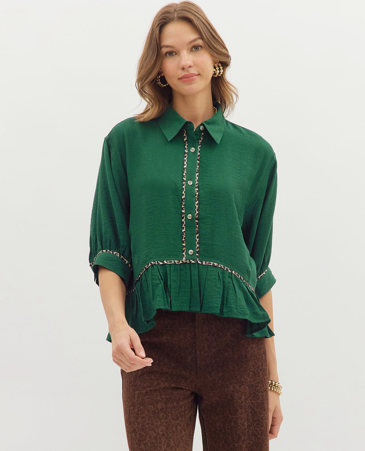Entro Button Front Babydoll shirt with Animal Trim Green