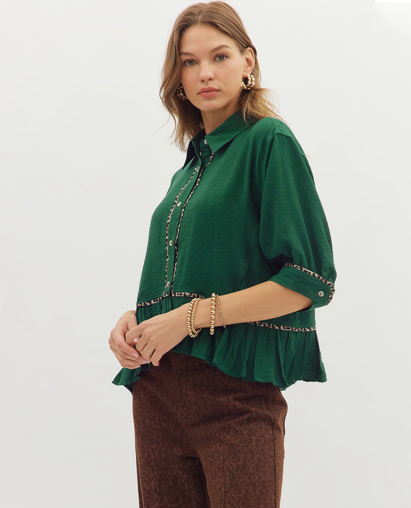 Entro Button Front Babydoll shirt with Animal Trim Green
