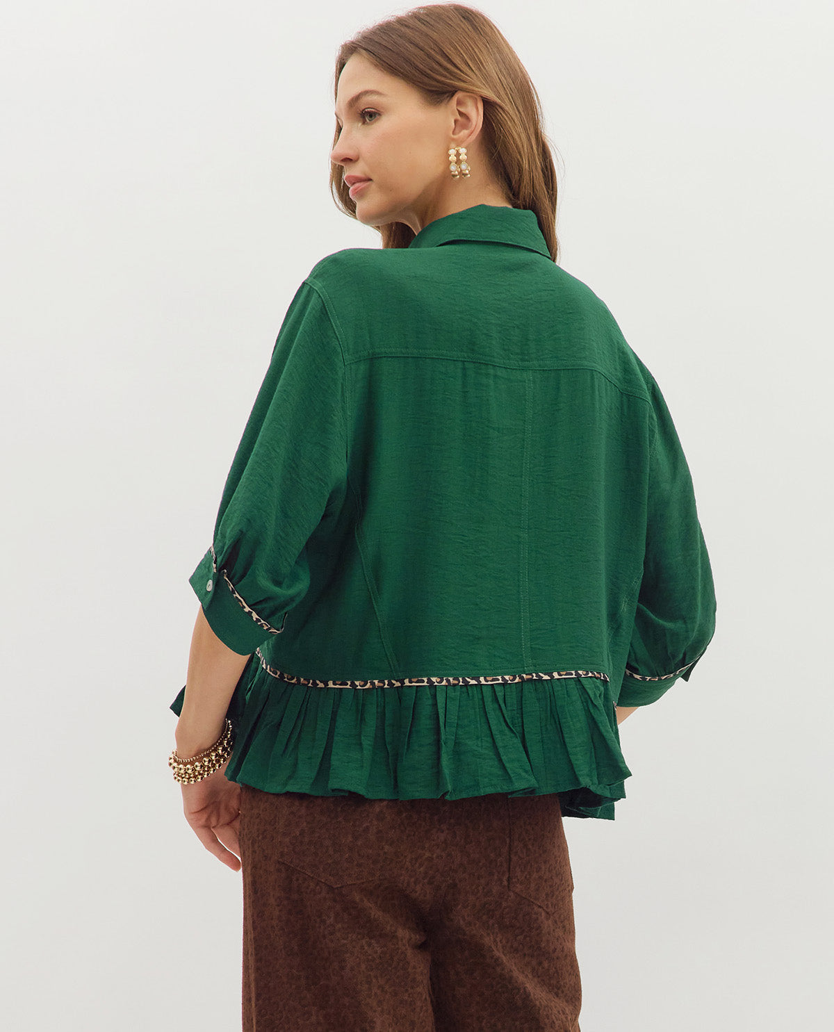 Entro Button Front Babydoll shirt with Animal Trim Green
