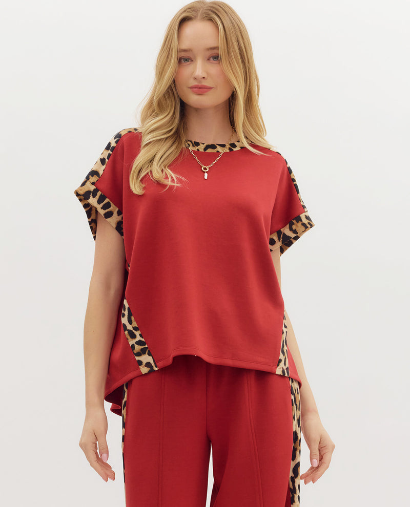 Solid Top with Leopard Print Trim