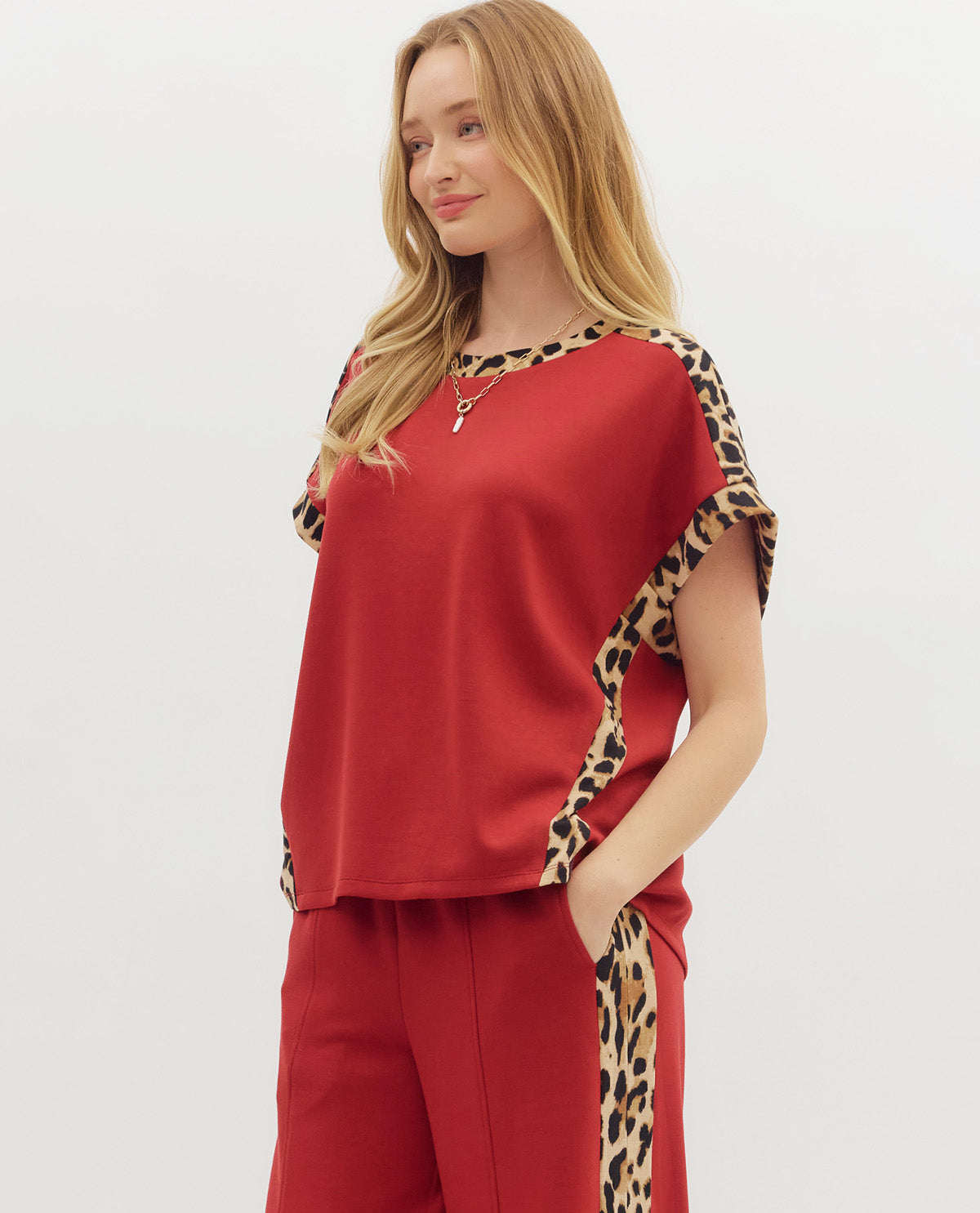 Solid Top with Leopard Print Trim