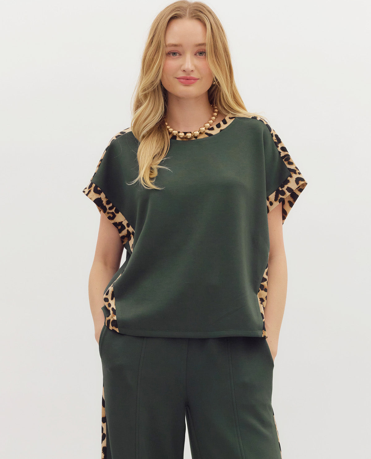 Solid Top with Leopard Print Trim
