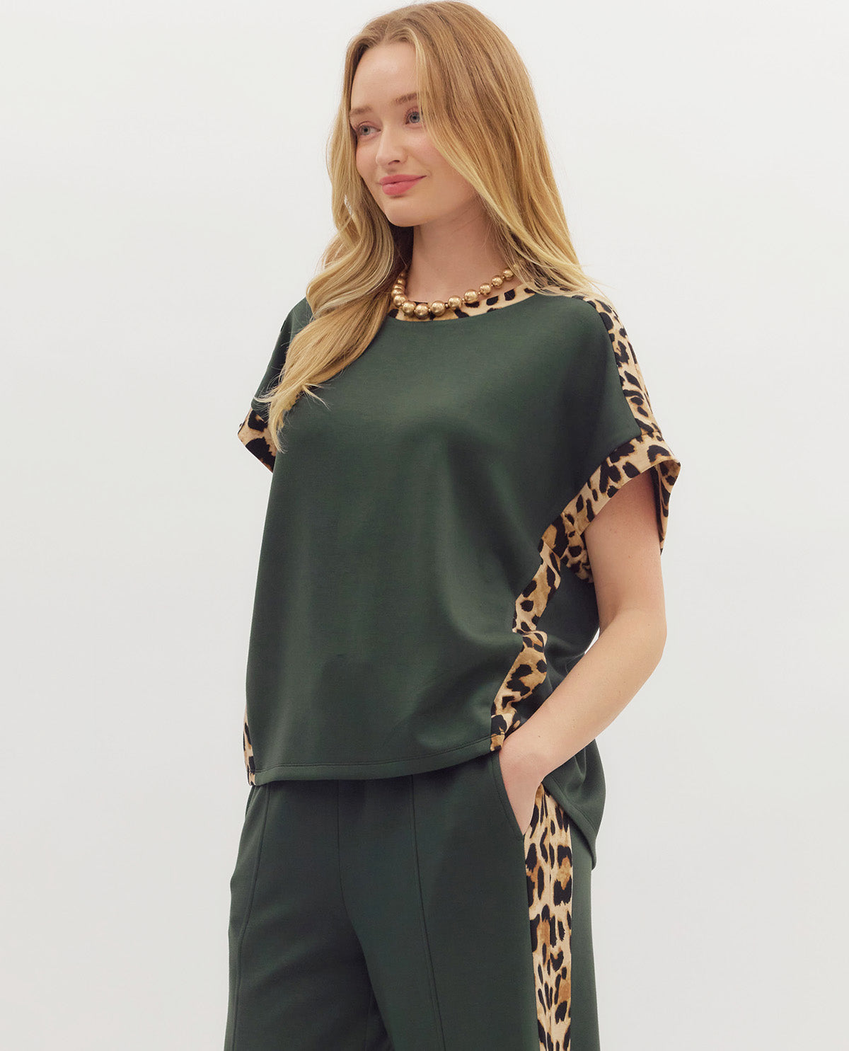 Solid Top with Leopard Print Trim