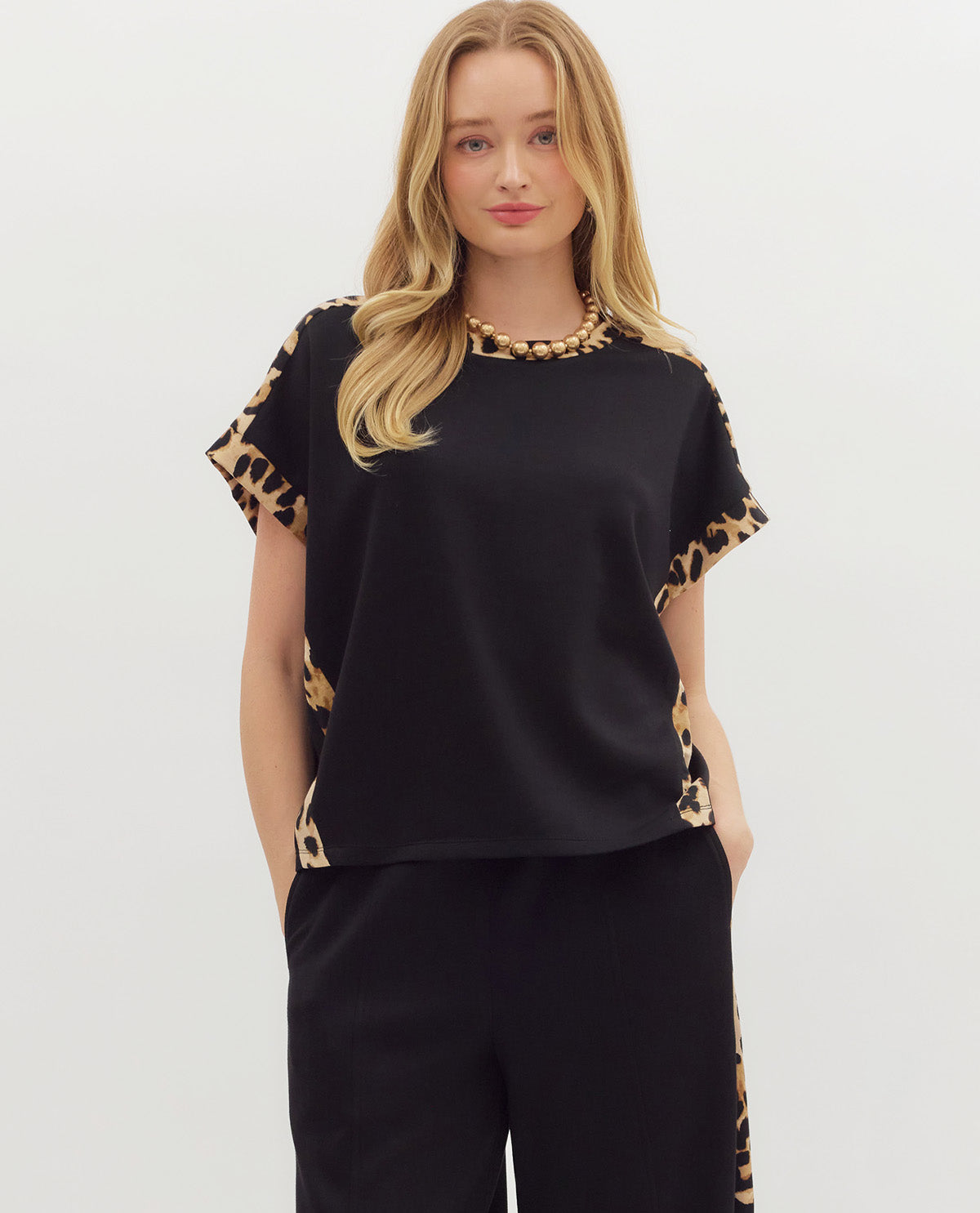 Solid Top with Leopard Print Trim