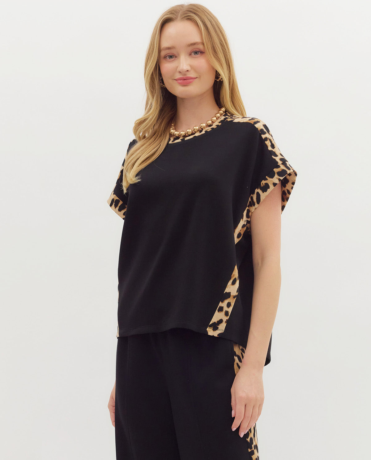 Solid Top with Leopard Print Trim