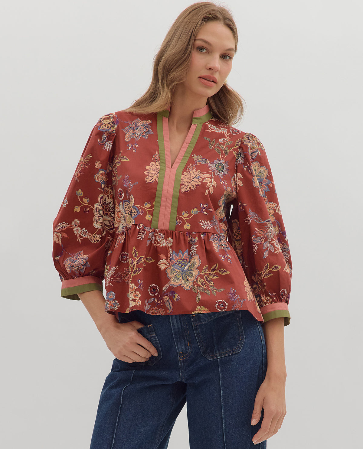 Entro Floral Print Top Stripe Trim