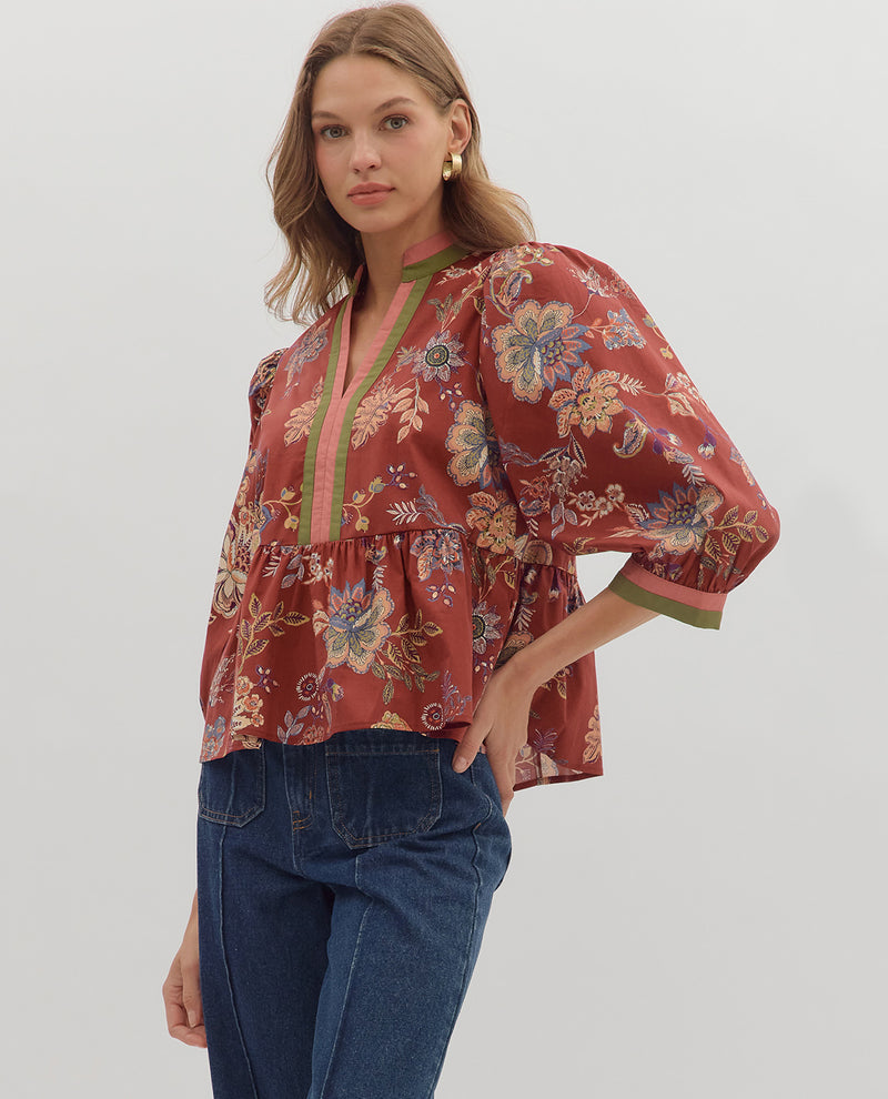 Entro Floral Print Top Stripe Trim