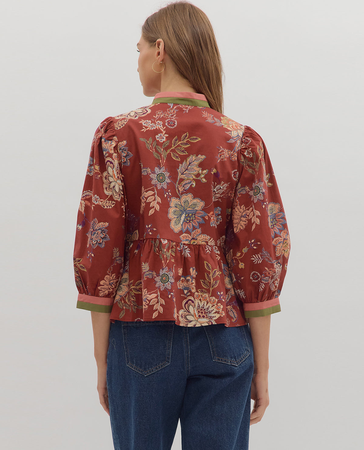 Entro Floral Print Top Stripe Trim