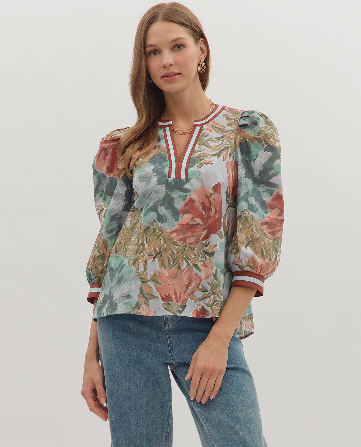 Entro Print Cream Flower Print Top with Stripe Trim