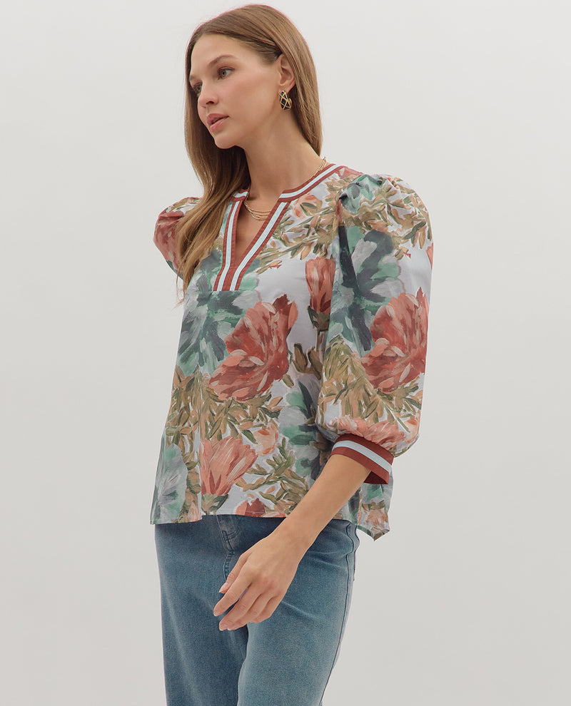 Entro Print Cream Flower Print Top with Stripe Trim