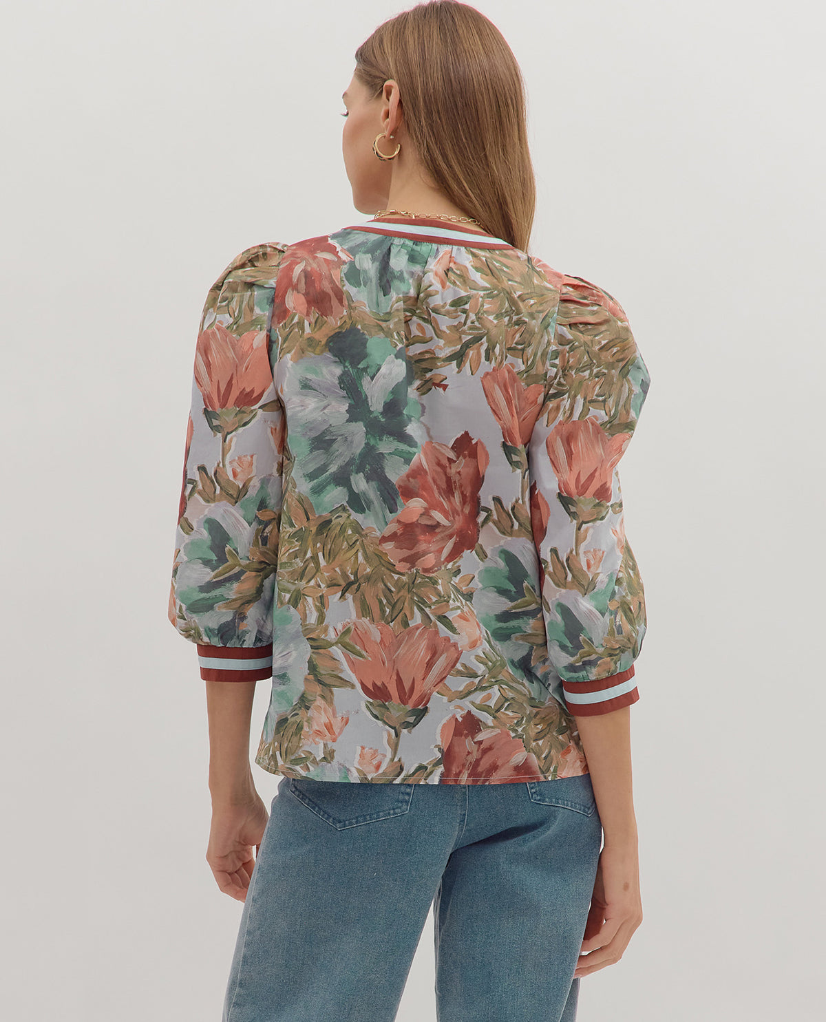 Entro Print Cream Flower Print Top with Stripe Trim