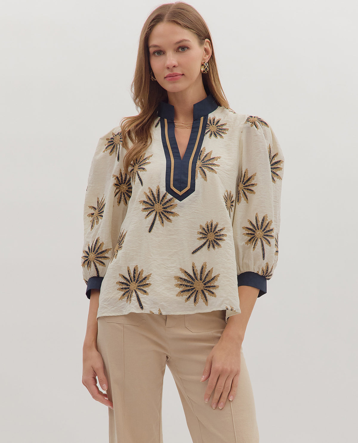 Entro Floral Blend Print Top with Contrast Trim
