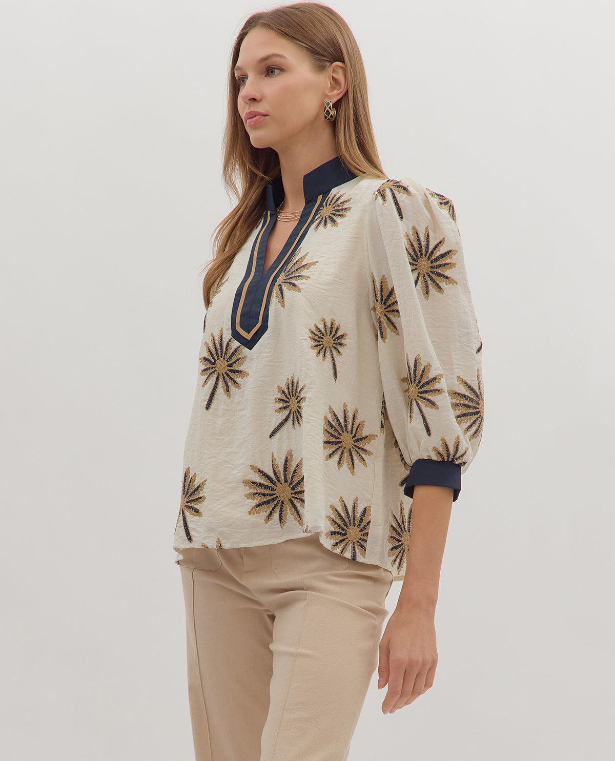 Entro Floral Blend Print Top with Contrast Trim