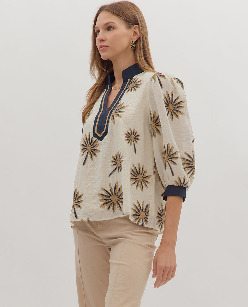 Entro Floral Blend Print Top with Contrast Trim