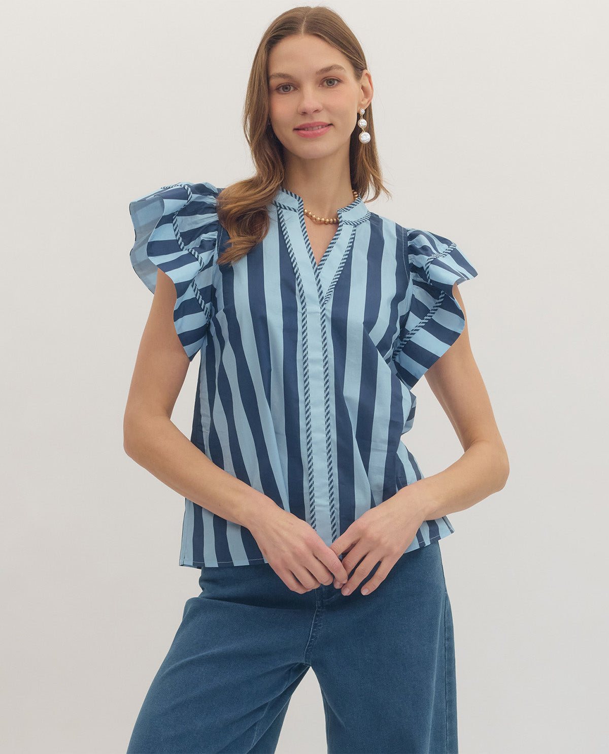 Entro Stripe Top With Flutter Sleeve Navy