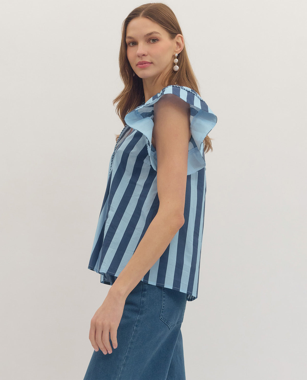 Entro Stripe Top With Flutter Sleeve Navy