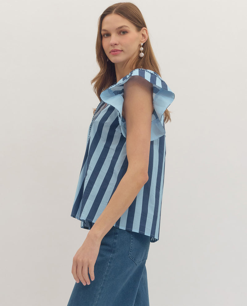 Entro Stripe Top With Flutter Sleeve Navy
