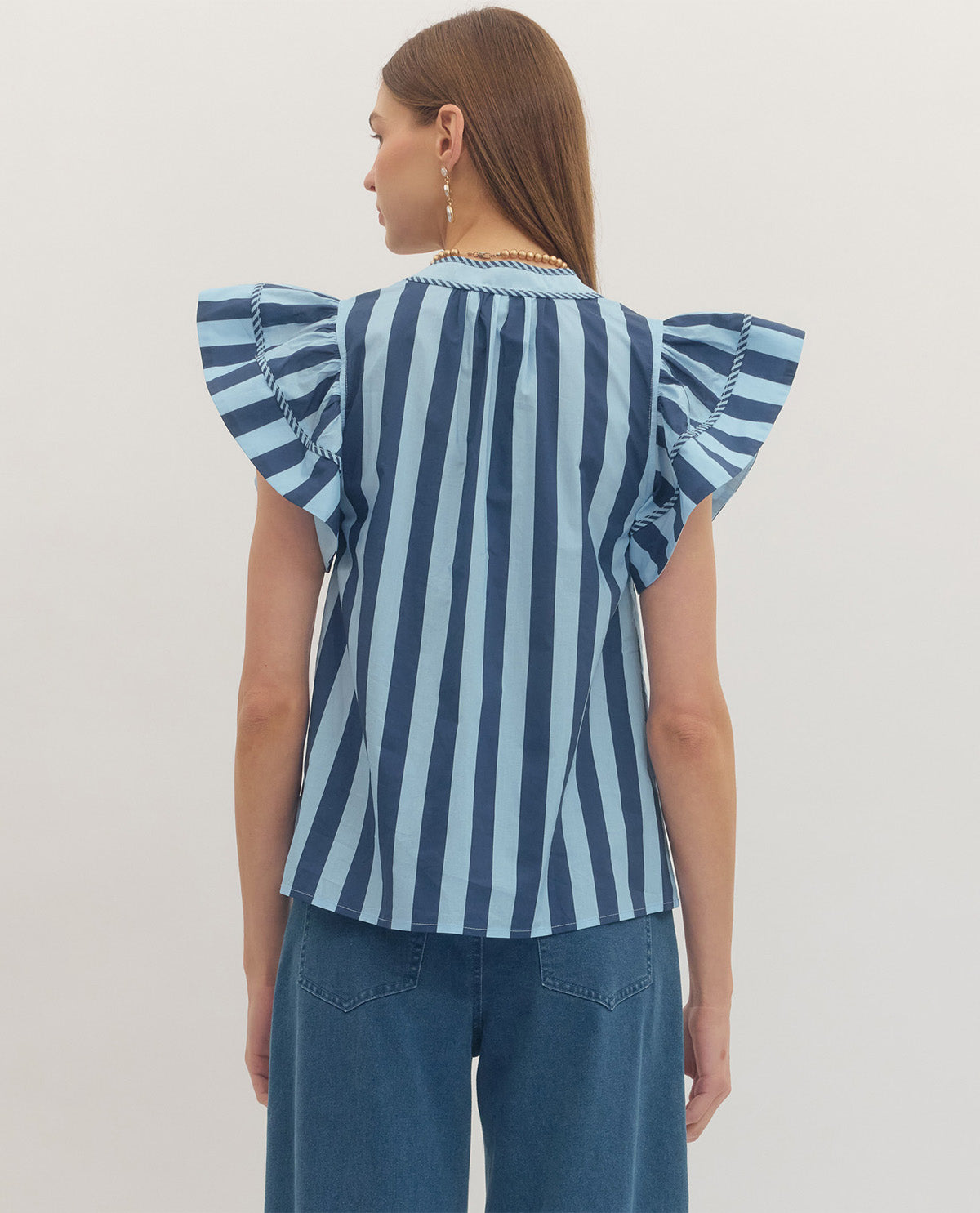 Entro Stripe Top With Flutter Sleeve Navy