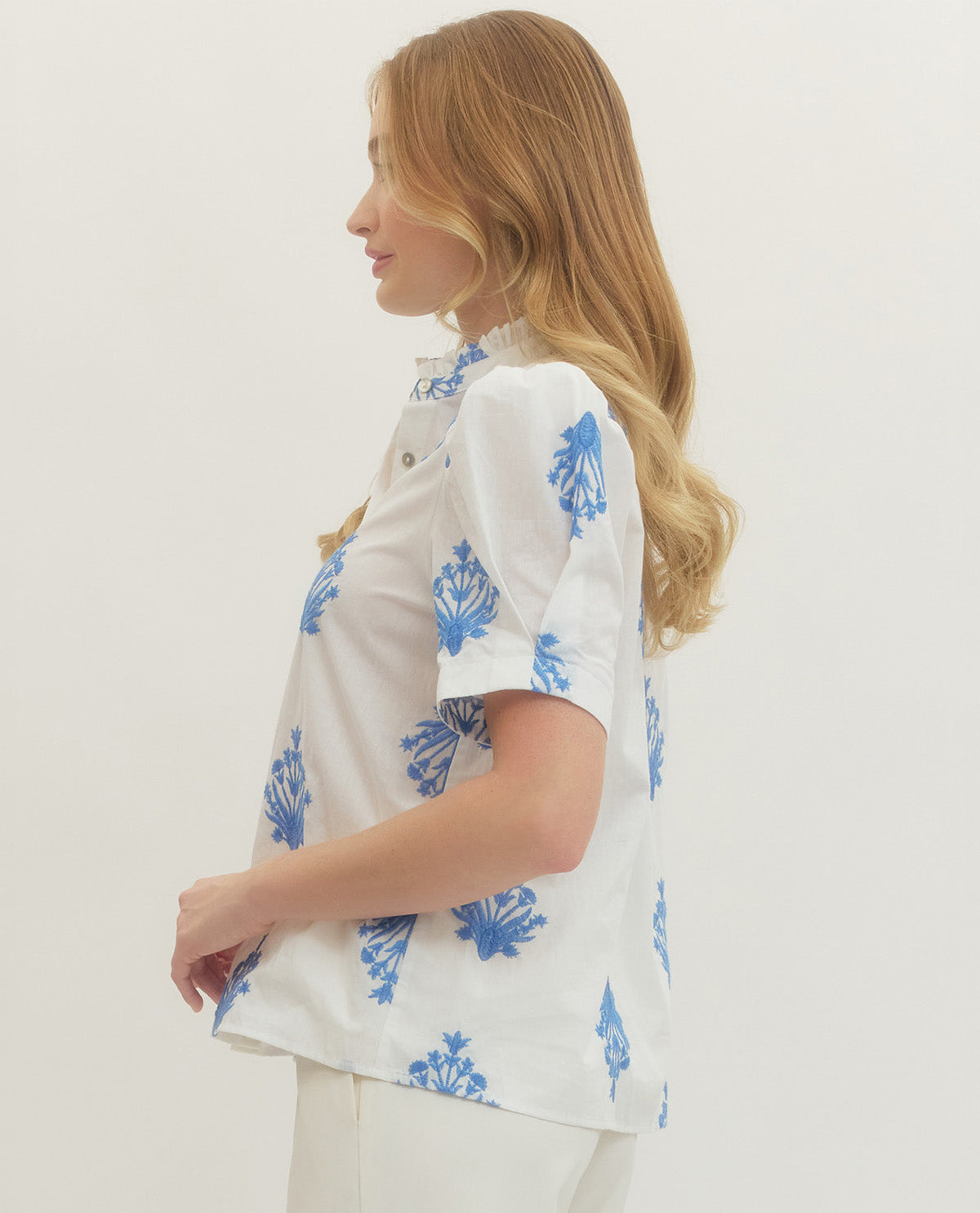 Entro Embroidered Puff Sleeve Top Off White