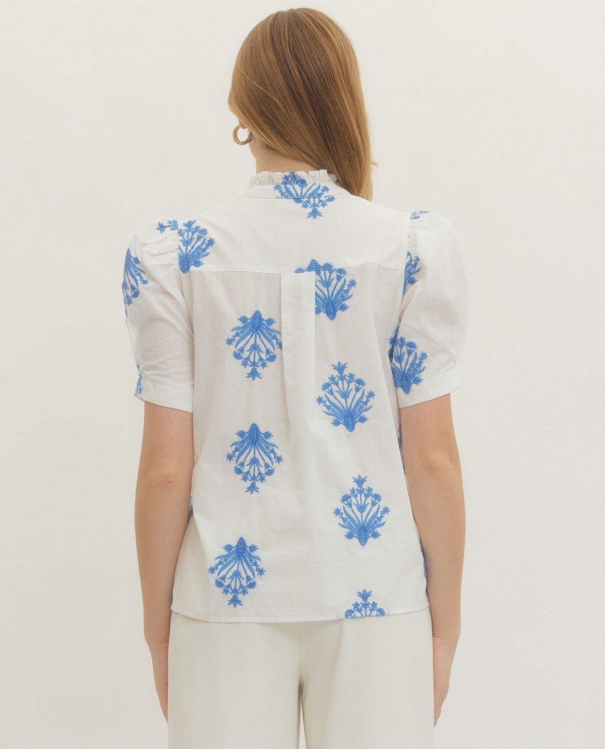 Entro Embroidered Puff Sleeve Top Off White