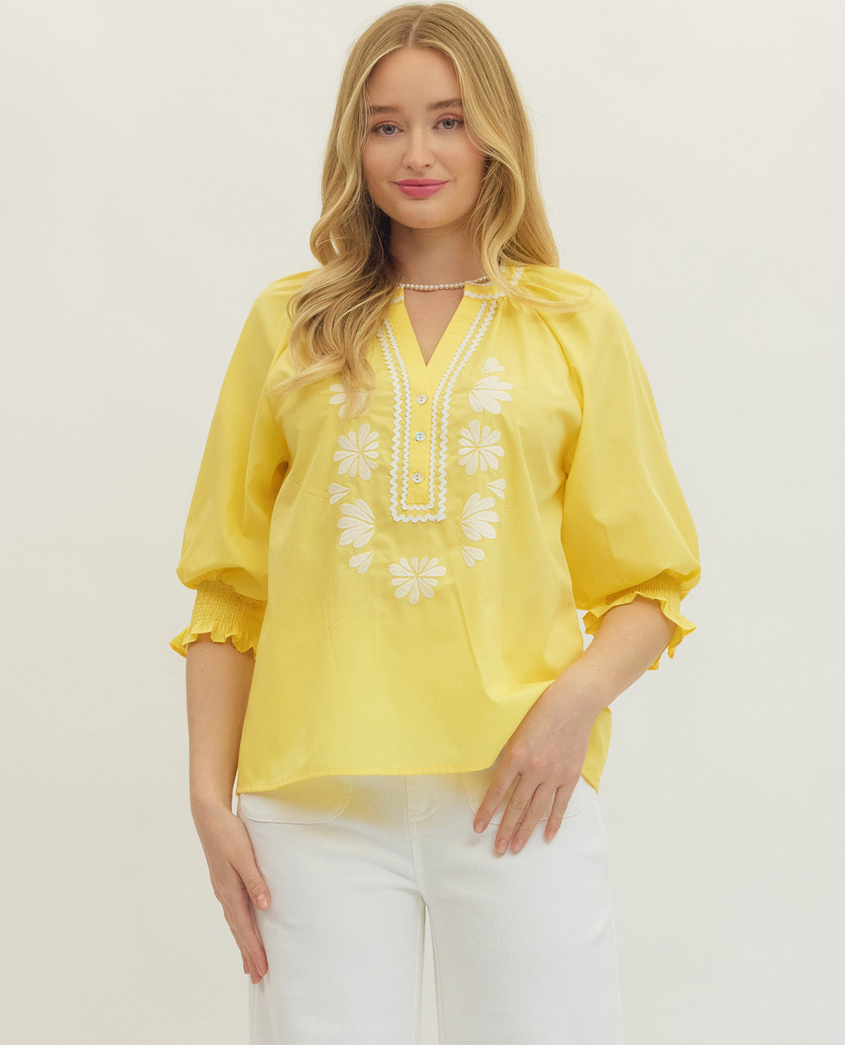 Entro Solid Top With Embroidered Neckline Lemon