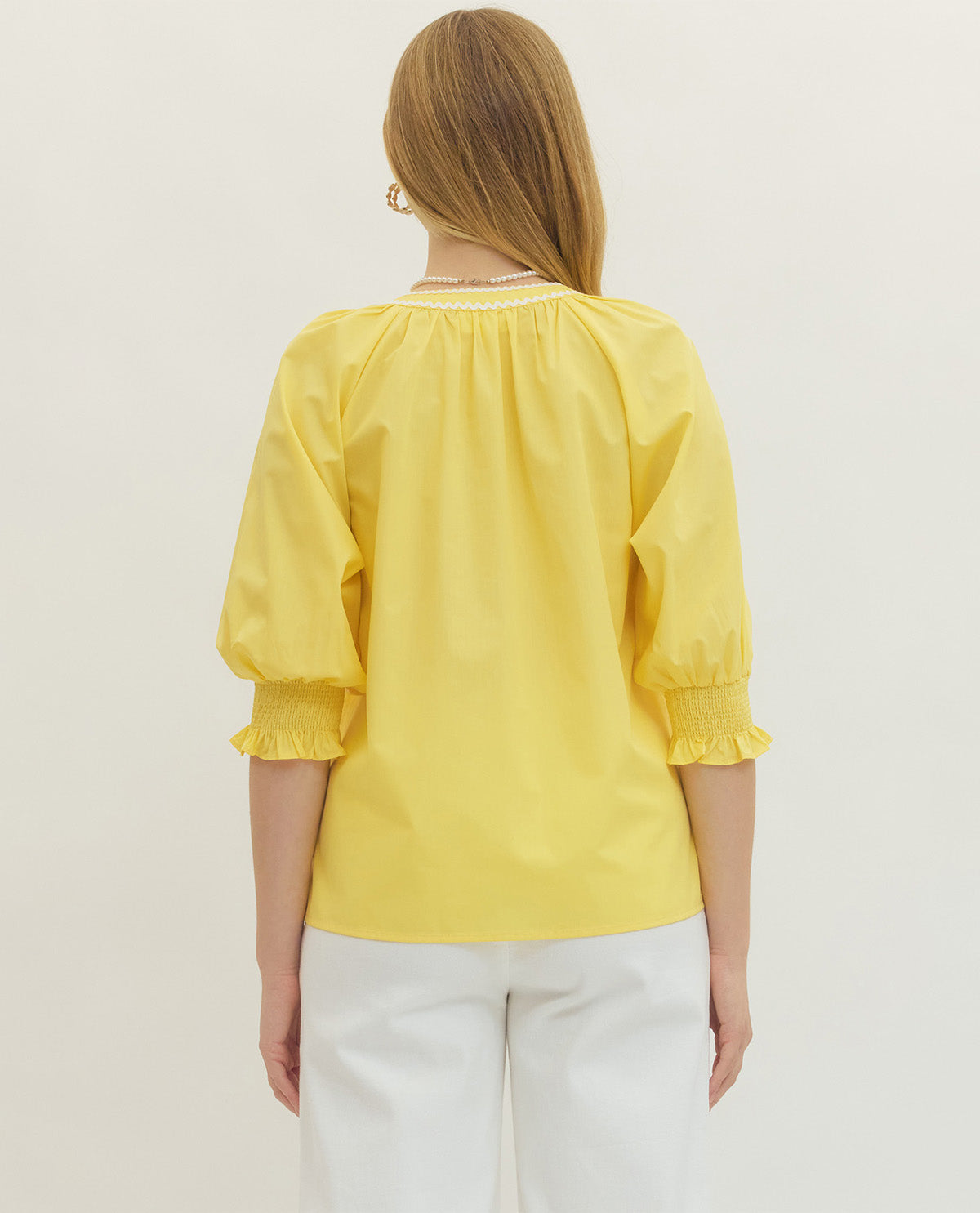 Entro Solid Top With Embroidered Neckline Lemon