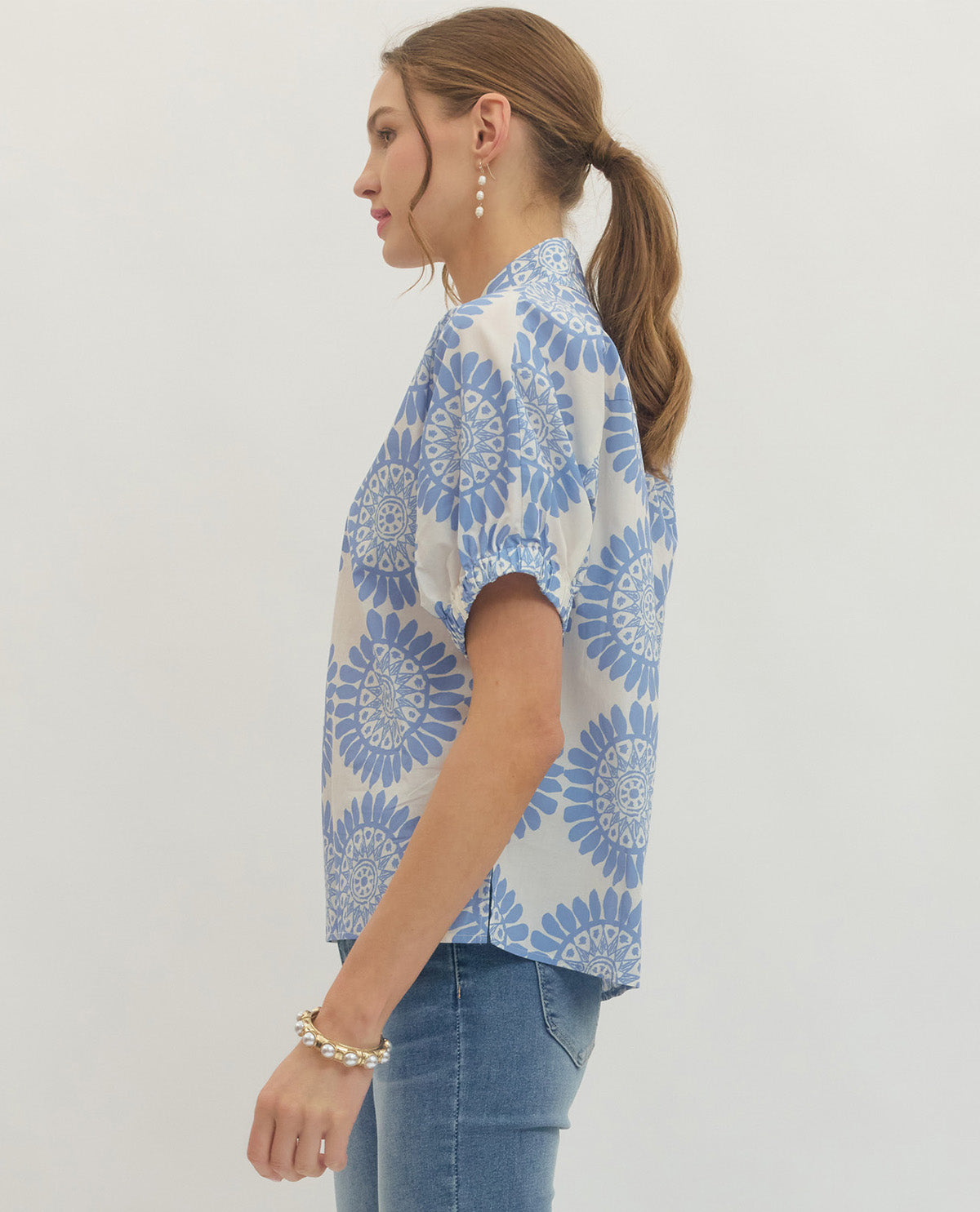 Entro V-Neck Print Top Blue