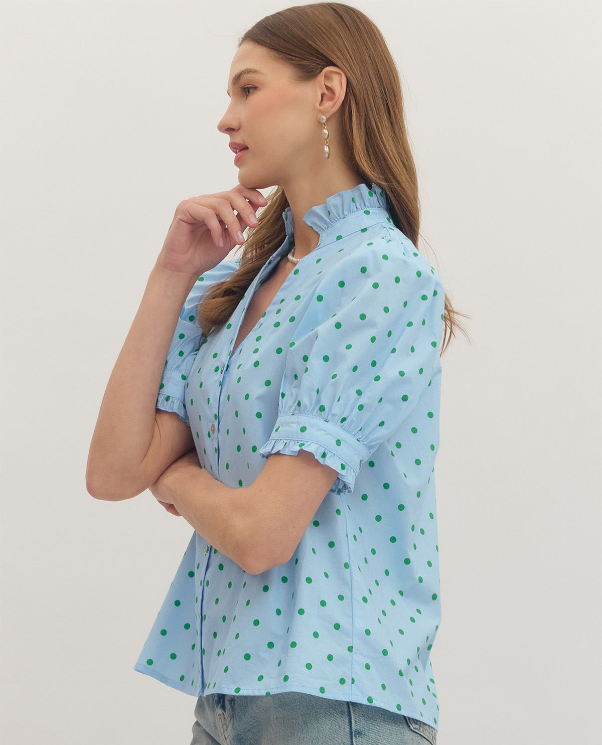 Entro V-Neck Polka Dot Top Blue