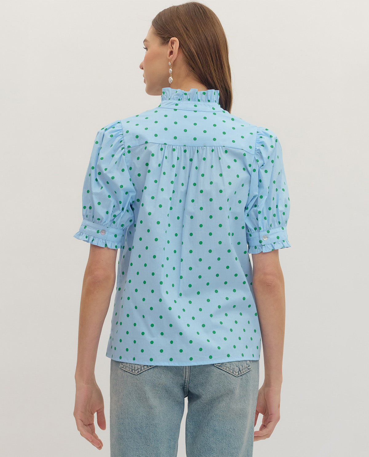 Entro V-Neck Polka Dot Top Blue