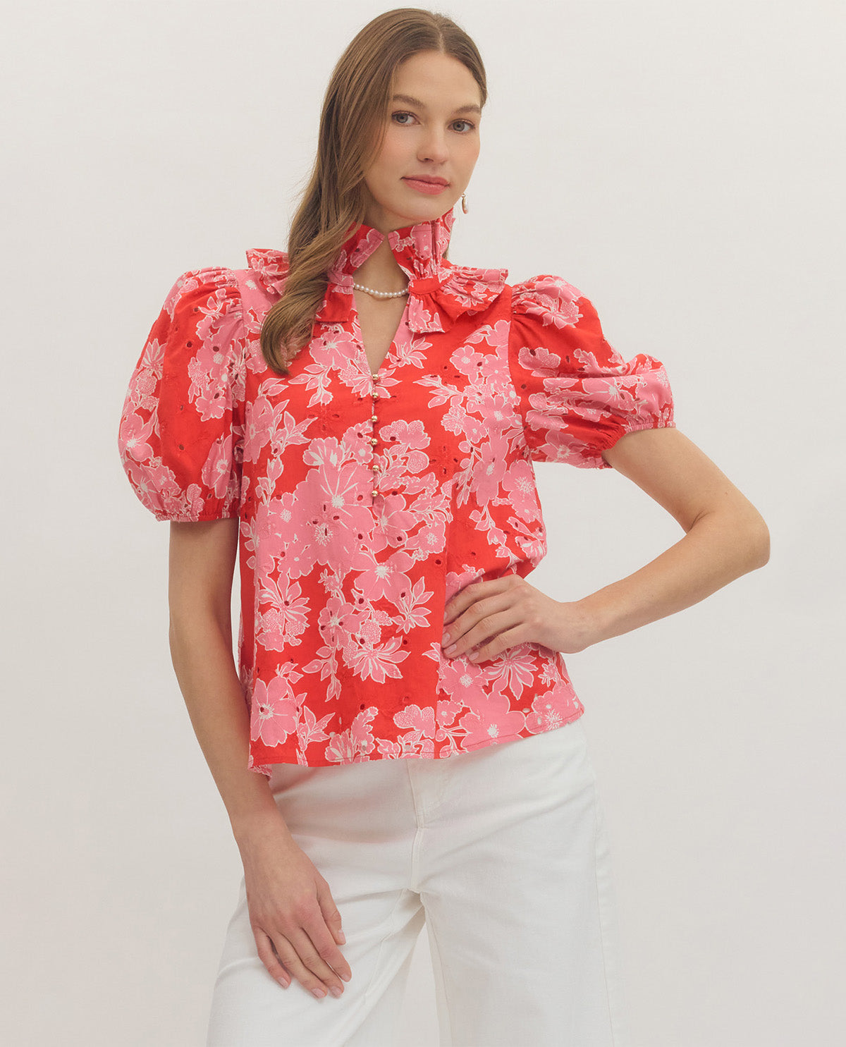 Entro Print Pointelle Top Red