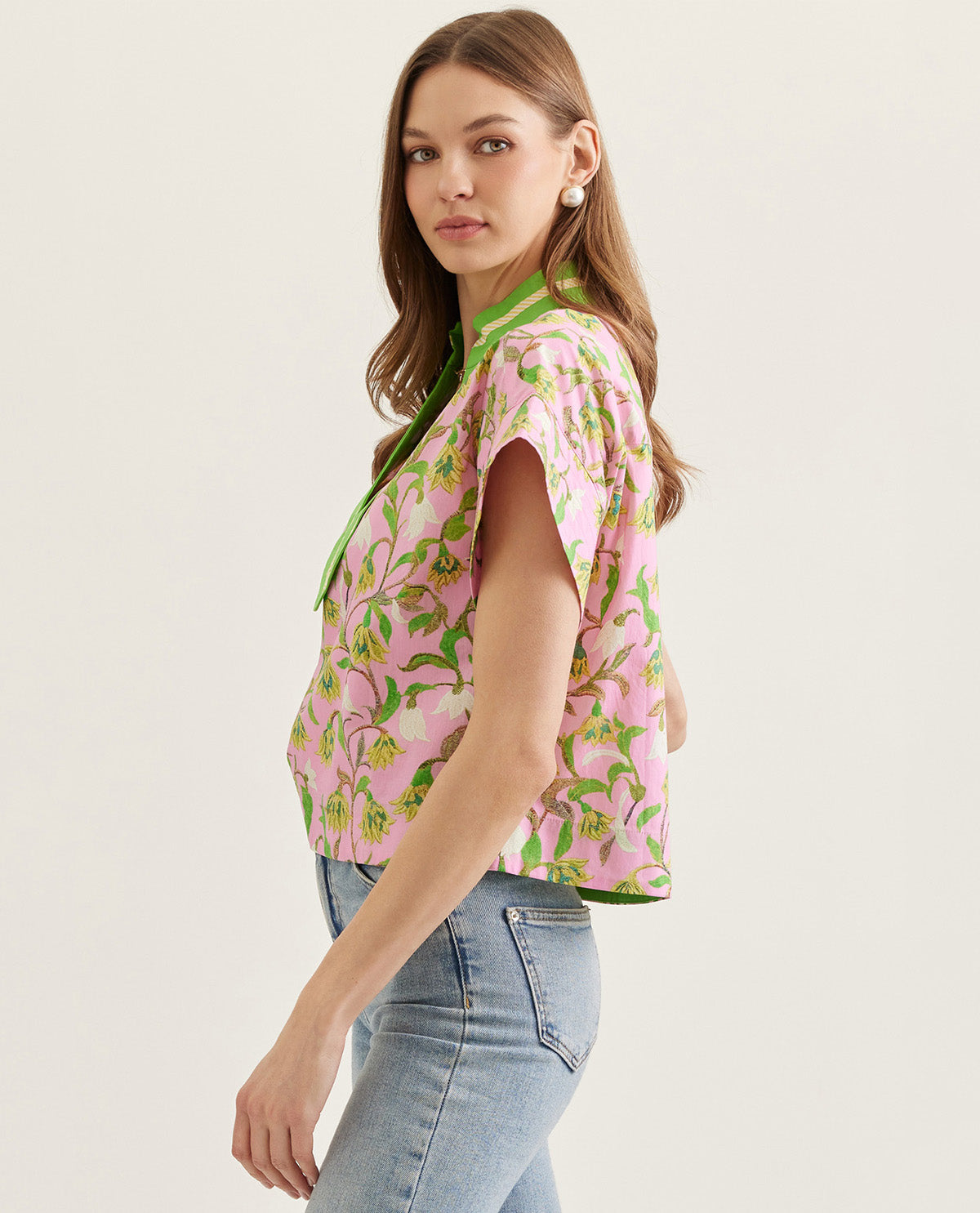 Entro Print Top With Solid Trim Pink