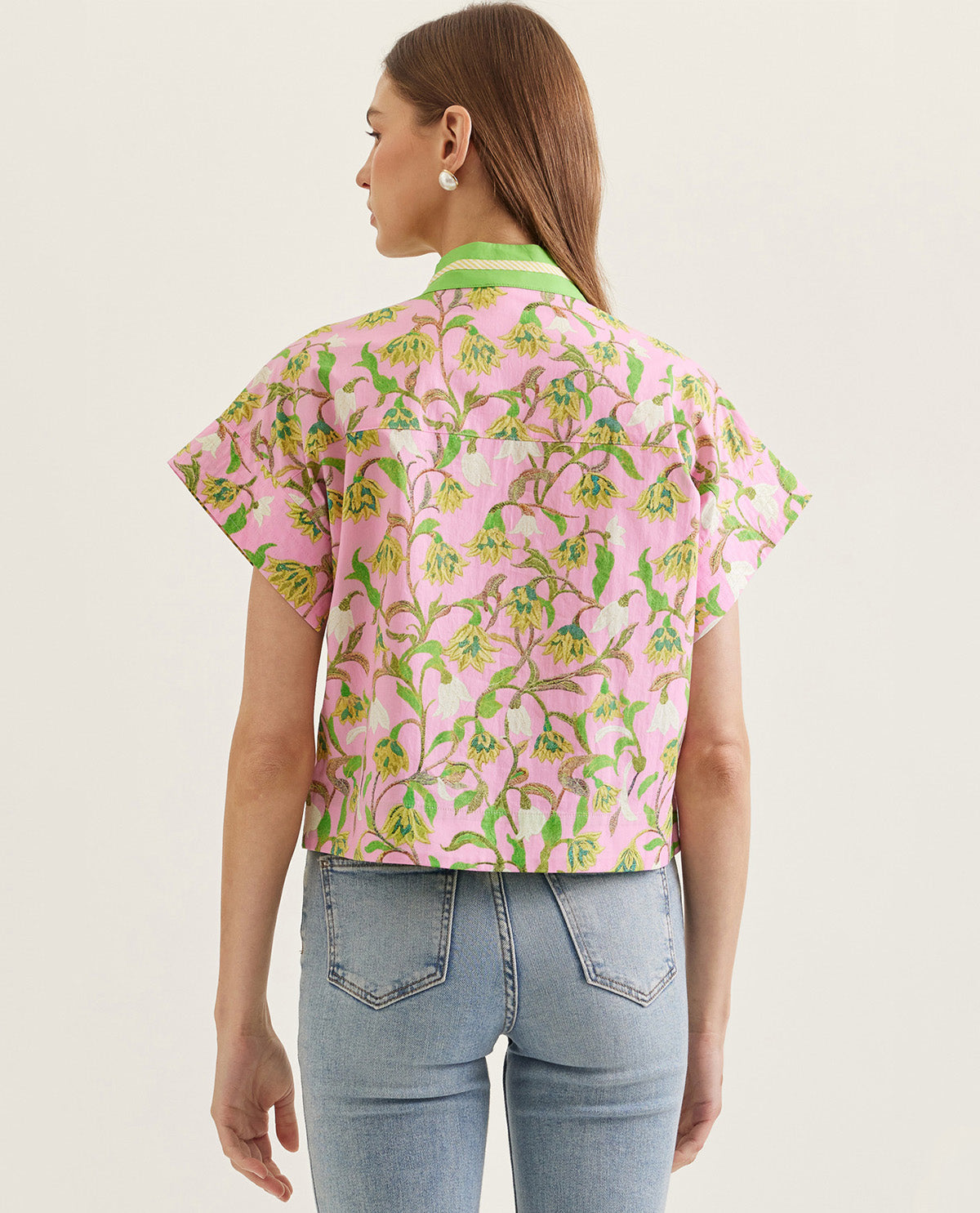 Entro Print Top With Solid Trim Pink